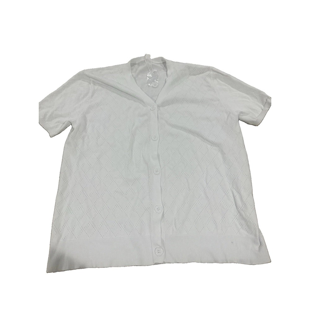 Your Style White Short Sleeve Cardigan Size L Pointelle Button Front NWT